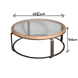 The Curved Glass Coffee Table features a round glass top, wooden rim, and black metal frame. Dimensions are 105cm x 105cm x 40cm, shown with black measurement arrows and text.