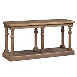 The Donard Console Table features a rectangular reclaimed wood top, three pairs of spindle legs, and a wide lower shelf—ideal hallway furniture in a natural wood finish.