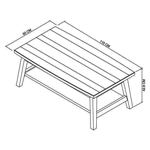 Black and white line drawing of the Camden Coffee Table with mid-century styling, slatted top, four legs, support beams; dimensions labeled: 110 cm length, 60 cm width, 42.8 cm height.