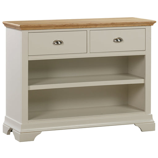 Two-tone furniture piece with a rectangular natural wood top over a painted base, featuring two top drawers and a two-tier open storage area.