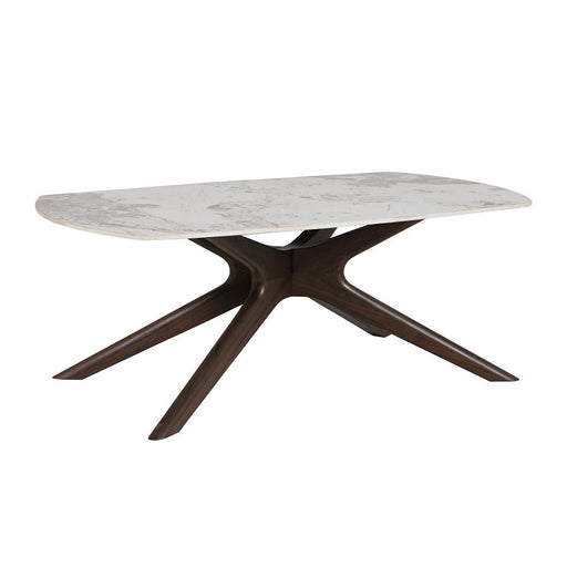 A modern Ariya coffee table with a white marble-like sintered stone tabletop and a dark brown, x-shaped solid birch leg base.