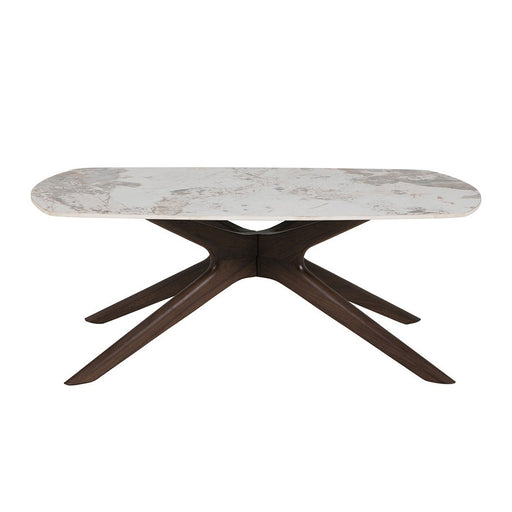 The Ariya Coffee Table features a rectangular, rounded-edge sintered stone top and a dark walnut veneer sculptural base with four splayed legs.