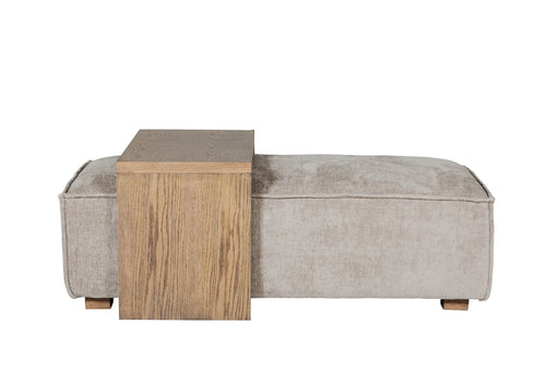 The Bodhi Ottoman + Coffee Table features a rectangular beige ottoman with soft fabric and an attached vertical wooden side table for a modern modular look, displayed against a white background.