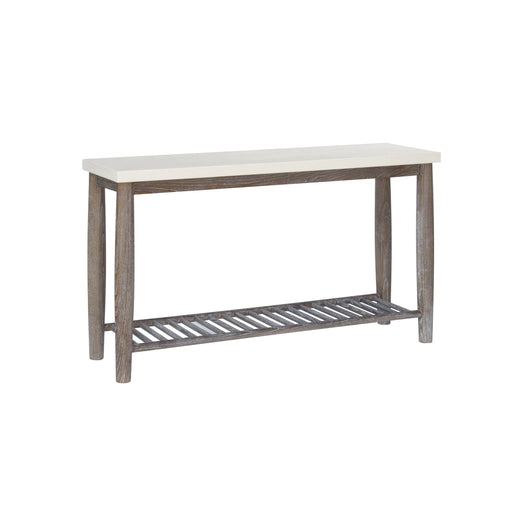 A contemporary, sleek console table with a washed raw wood finish, featuring a white tabletop and gray wooden legs with a lower shelf.