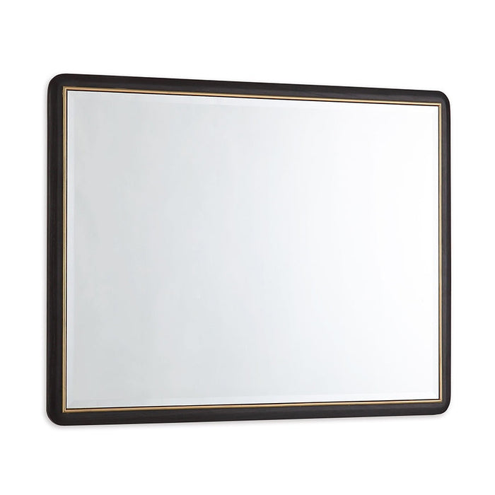 The Diletta Mirror is a rectangular ebony wood mirror with a dark, rounded frame and thin gold inner border, perfect as an elegant dressing table accent. Shown here against a white background.
