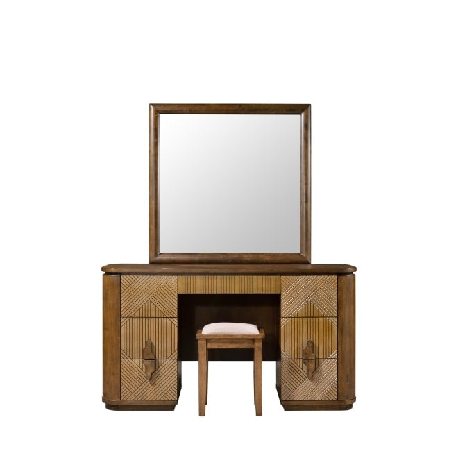The Phoenix Dressing Table features geometric-patterned cabinet doors, a hidden drawer, a large rectangular mirror, and a matching stool with a light-colored cushioned seat.