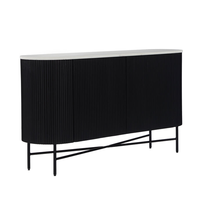 The Lucas Large Sideboard features a modern black design with a textured ribbed front, rounded edges, a sleek white top, and slim black metal legs with a crossbar for added stability.