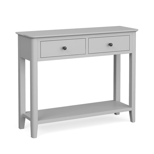 A gray console table with two drawers and a lower shelf.