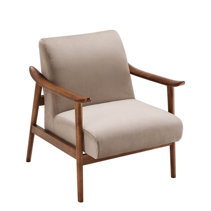 The Heath Occasional Chair features light beige upholstery, a cushioned seat and backrest, and a wooden frame with smooth, angled armrests and legs—ideal for any contemporary living space.