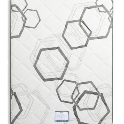 White mattress with gray geometric hexagon pattern.