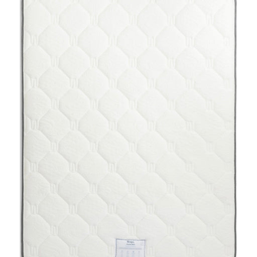 The Respa Ashford Mattress is white with a quilted, textured surface featuring a repeating hexagonal pattern and a small label at the bottom edge, and it’s enhanced with Sleepfresh technology for improved comfort.