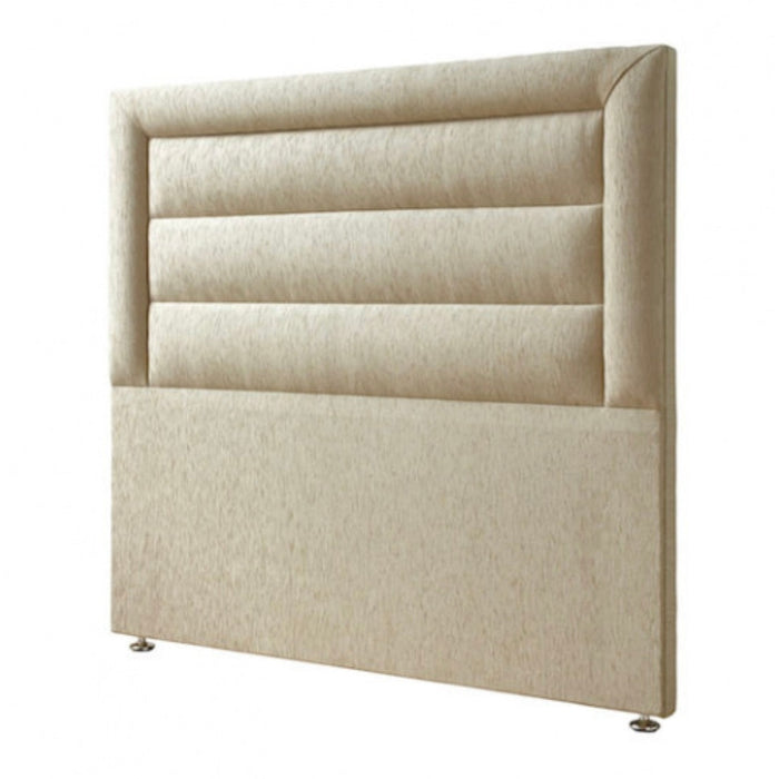 The Respa Europa headboard is a modern beige upholstered piece with a rectangular shape, three horizontal padded panels, and simple metal feet for an elegant finish.