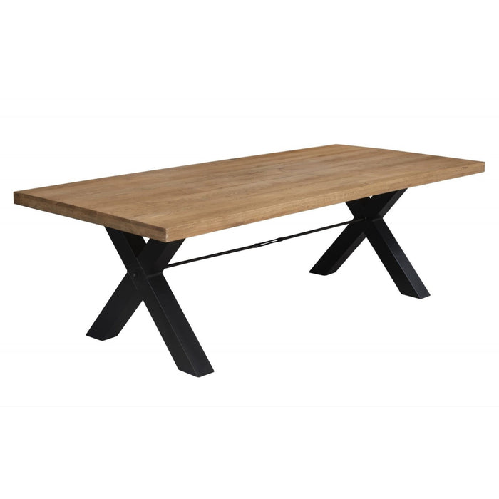 The Charlotte Table by vendor-unknown features a thick, light brown solid oak top and black metal X-shaped legs, displayed against a plain white background.