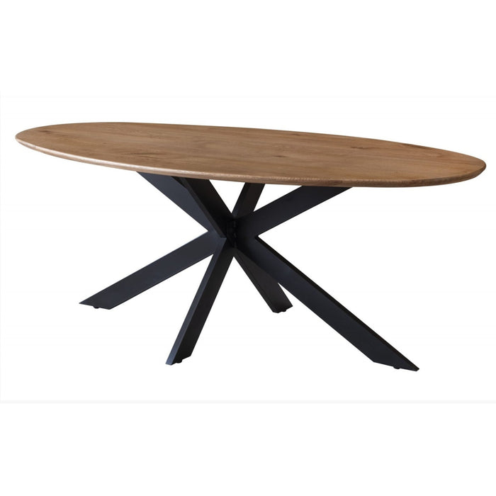 The Charlotte Oval 2.0 Table by vendor-unknown features a solid oak, light brown top and a black contemporary spider leg base with angled, intersecting supports.
