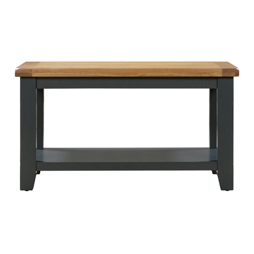 A light grey coffee table with a wooden top and chrome cup handle, set against a white background.