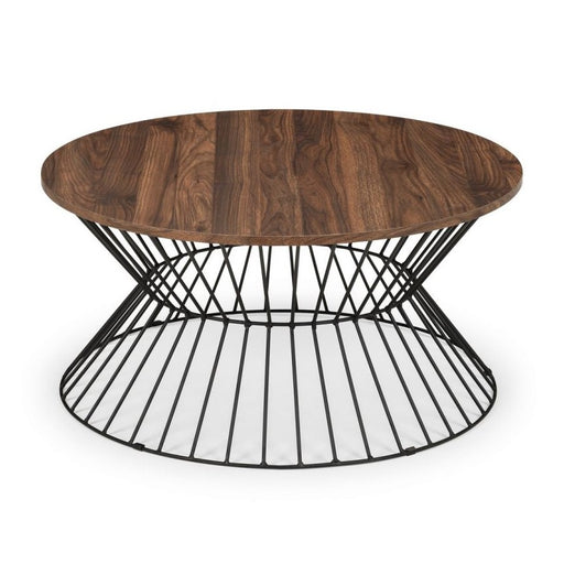 A Jersey coffee table with a brown wooden top and a black metal wire base.