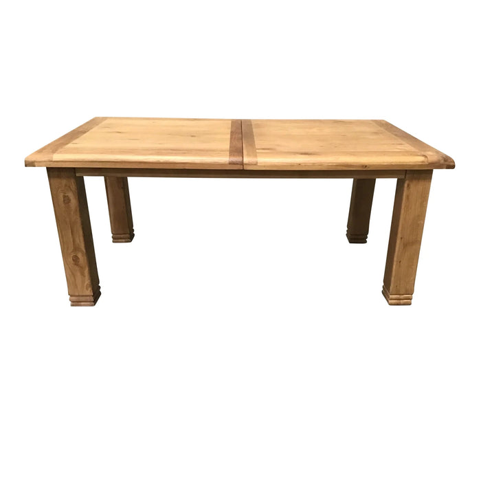 The Danube 1.4Metre Ext 1.8Metre dining table by vendor-unknown features a rectangular design, natural wood finish, and four sturdy legs. Seats 6 comfortably, perfect for family meals or gatherings. Displayed on a white background.