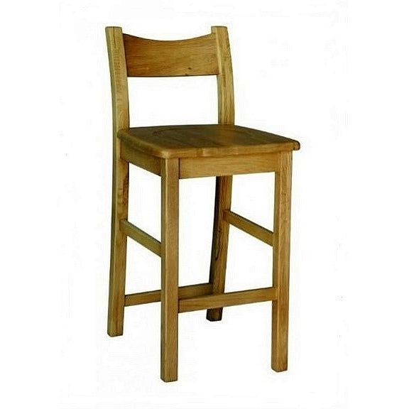 The Danube Barstool by vendor-unknown features a solid oak seat, straight legs, and a simple curved backrest, shown against a plain white background.