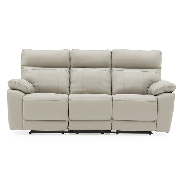 A light grey, three-seater leather recliner sofa from the Positano Range by vendor-unknown, featuring padded armrests and high backrests, displayed against a plain white background.