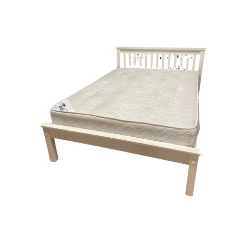 The Classic Mattress by vendor-unknown is a light-colored, turnable mattress with quilted panels, paired with a cream wooden bed frame featuring a simple slatted headboard, shown against a white background.