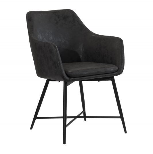 The Charlotte Dining Armchair by vendor-unknown features modern black faux leather upholstery, angled metal legs, a cushioned seat, slightly reclined back, and rounded armrests—ideal as an industrial dining chair.