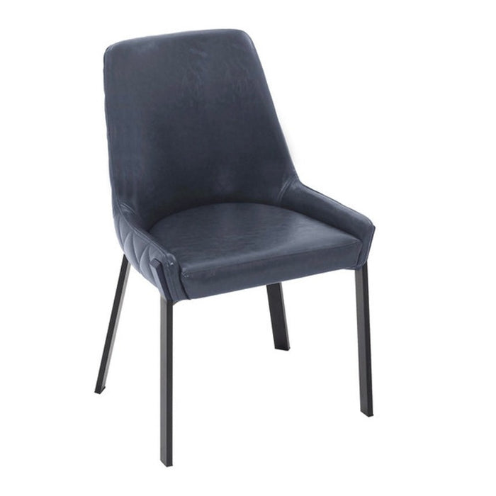 The Calabria Dining Chairs feature a dark blue cushioned seat, a dark grey fabric backrest, slim black metal legs, and a slightly angled back for a modern, chic look.