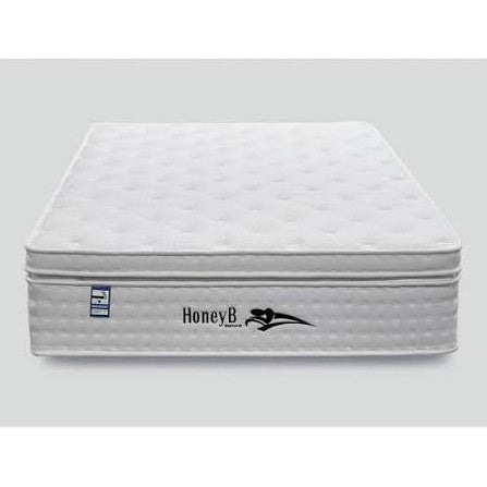 The Balmoral Mattress, featuring a white quilted design with the HoneyB logo and a side graphic, is crafted from quality fabrics and displayed against a plain gray background.