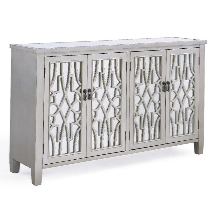 The Gallo Large Sideboard by vendor-unknown features four mirrored doors with geometric lattice designs, crafted from light gray pewter wood. Modern and elegant, it stands on short tapered legs for a sophisticated look.