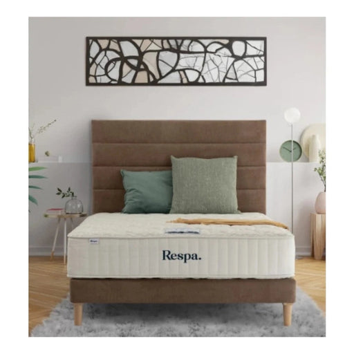 A modern bedroom with a brown upholstered bed, two green pillows, a vendor-unknown Respa Extreme Support orthopaedic mattress with RespaTech springs, abstract wall art above the headboard, and minimal furnishings on wooden flooring.