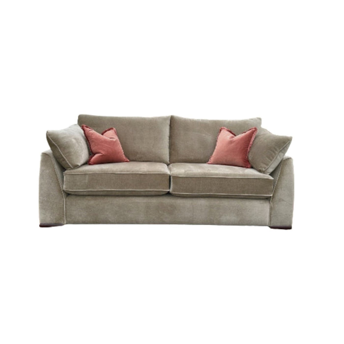 The Chantel Collection sofa by vendor-unknown, in beige Aquaclean fabric, Irish made, includes two seat and back cushions plus two pink throw pillows, all set against a plain white background.