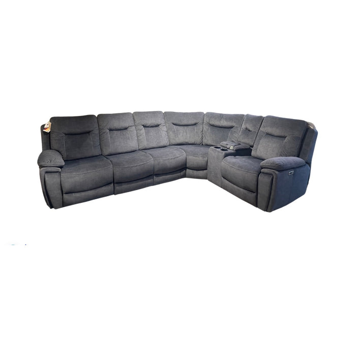 The Finley Corner Group Manual Recliner is a large, L-shaped dark gray sectional sofa with plush cushions and built-in cup holders on one end, shown against a white background.