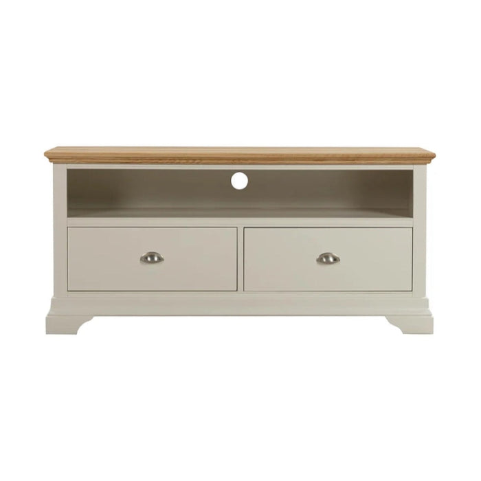 The Anglia TV Unit features a white wooden body, a light wood top, an open shelf with a cable hole, and two drawers with metal handles—ideal as modern living room furniture.