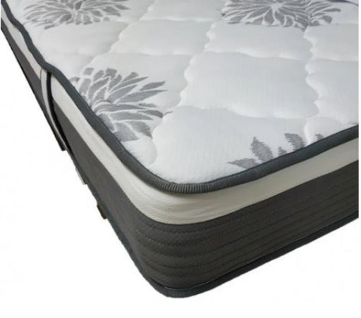 A mattress with white and gray fabric on a single mattress set.