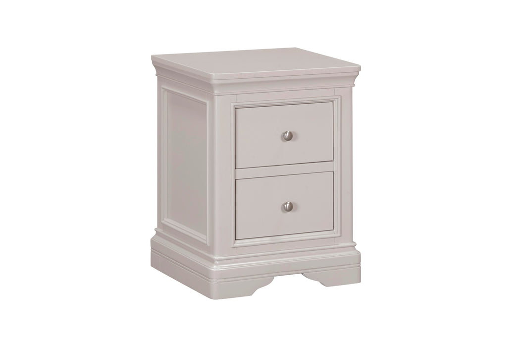 The Lima Bedside Locker is a compact, light gray wooden nightstand with two drawers featuring round metal knobs and decorative molding—ideal for the Lima Taupe Bedroom Range or any taupe bedroom décor.