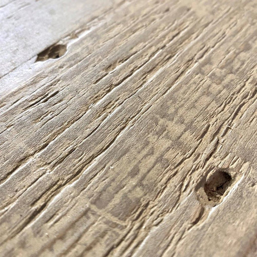 Close-up of the Bowood Console Table's textured wooden surface, featuring visible grain, grooves, and natural imperfections that add rustic charm—perfect for sustainable home decor or reclaimed pine furniture projects.