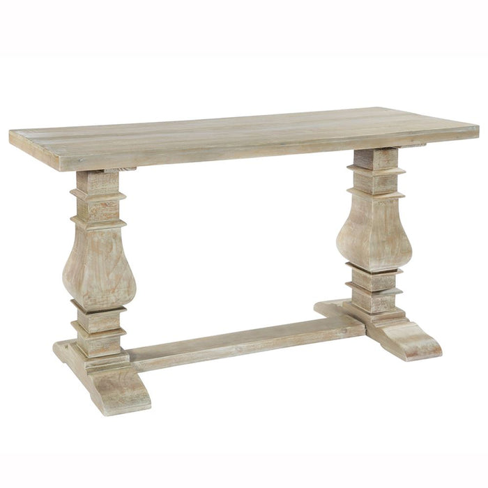 The Bowood Console Table features a rustic, rectangular top and two thick pedestal legs joined by a horizontal base. Crafted from reclaimed pine with a weathered, light finish, it adds natural charm to any space.