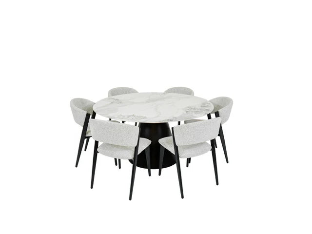 The Fusion 150cm Round Table + 6 Fusion Chairs set features a round white sintered stone table with a black base and six light gray, modern chairs with black legs, all shown on a plain white background.