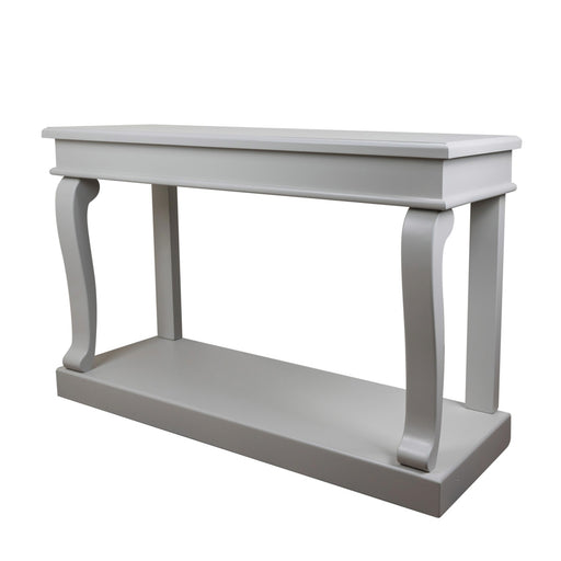 The Scroll console 130cm is a modern, light gray table with a rectangular top, curved legs, and a lower shelf, shown against a white background.