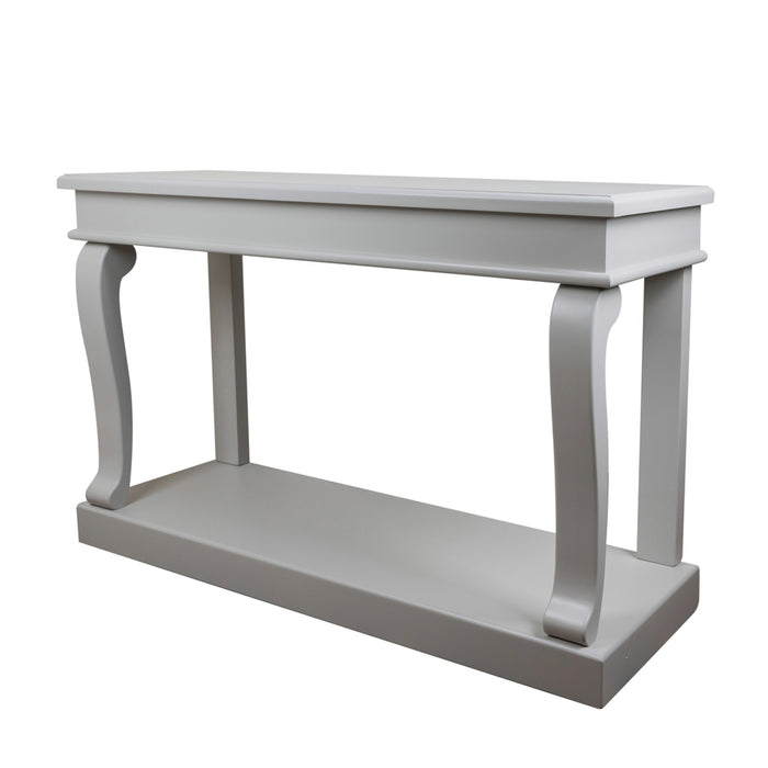The Scroll console 130cm is a modern, light gray table with a rectangular top, curved legs, and a lower shelf, shown against a white background.