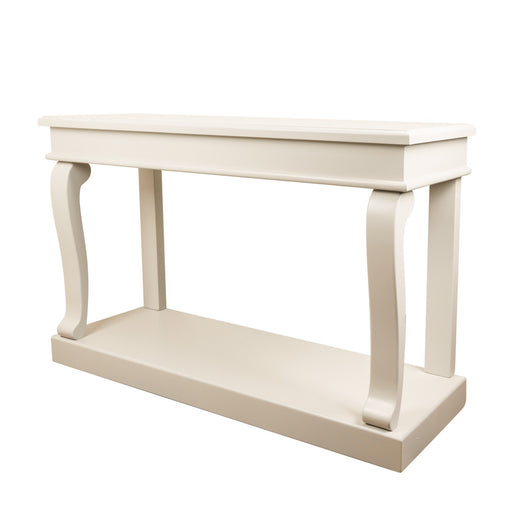 The Scroll console 130cm features a minimalist, elegant cream finish with curved legs and a lower shelf—perfect as an entryway console table for modern spaces.