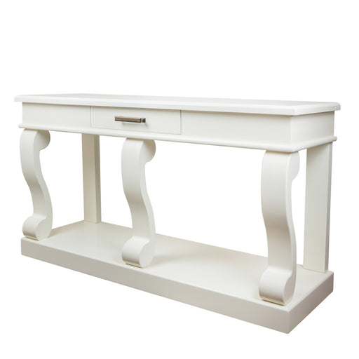 The Large Scroll Console with Drawer is a white sideboard table featuring one center drawer, three curved legs, a lower shelf, and a modern, minimalist design.