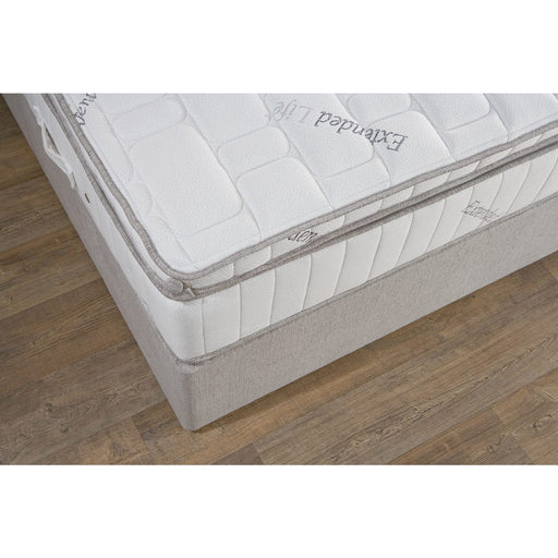A close-up of the King Koil Extended Life Plus mattress in white with a textured surface and grey trim, placed on a light grey upholstered bed base on a wooden floor. "Extended Life" is visible on the mattress fabric.