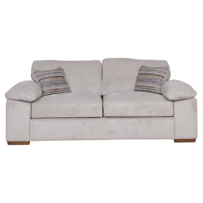The Dexter sofa by vendor-unknown features light beige chenille upholstery, thick cushions, wide padded armrests, two patterned throw pillows on each side, and short square wooden legs for a contemporary look.