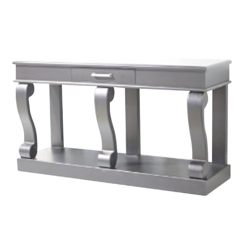 The Large Scroll Console with Drawer features a modern warm grey finish, ornate scroll legs, a central drawer, and a wide lower shelf for added elegance and function in any space.
