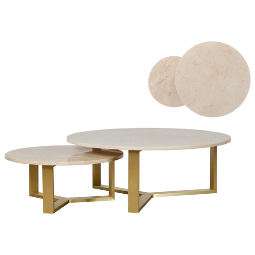 The Leo coffee table set by vendor-unknown includes two modern round tables, each with a beige marble top and gold base. One table is larger and taller, while the other is smaller; both tabletops are shown separately in the background.
