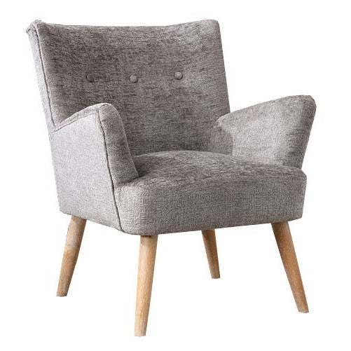 The Lohan Chair features a modern design with soft light gray fabric, angled wooden legs, a slightly reclined backrest, and two buttons on the back cushion for subtle style.
