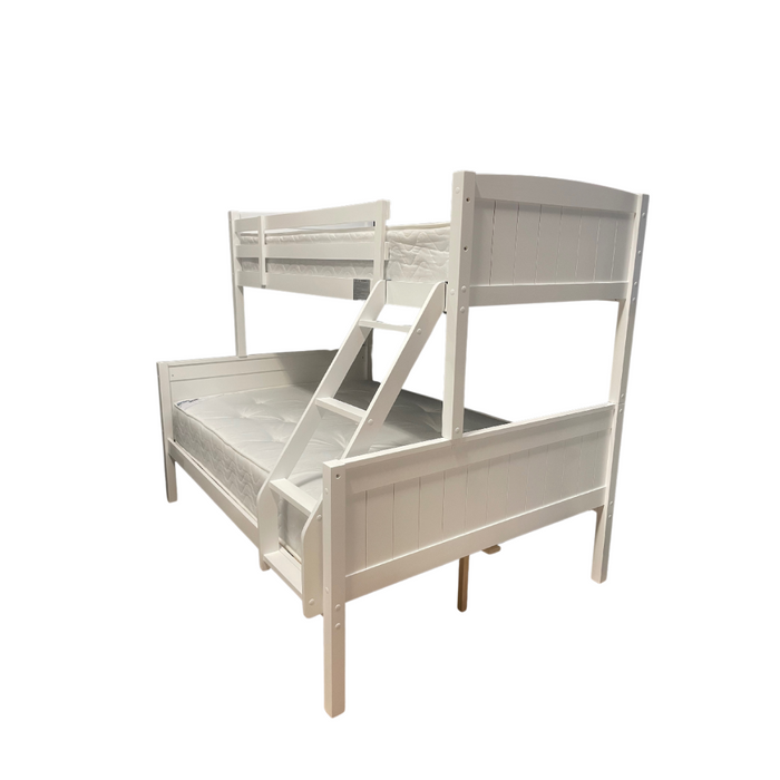 The Karol Bunkbeds are white wooden bunk beds with a twin upper and full lower bed, featuring paneled headboards, footboards, and a slanted ladder—ideal for kids needing stylish, practical sleeping space.