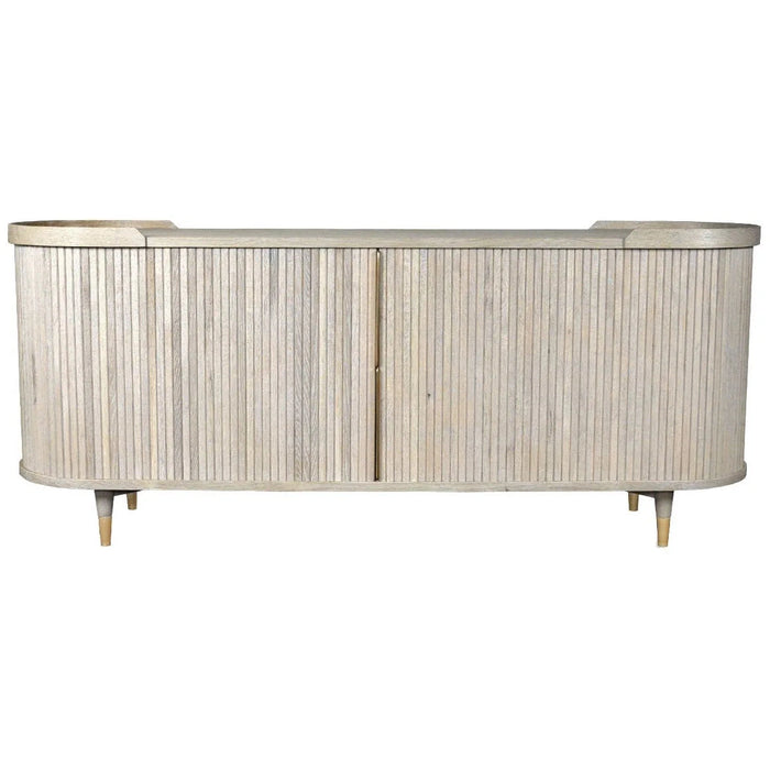 The Preston Large Sideboard features a light wood finish, curved edges, vertical slatted front detailing, and short tapered legs.