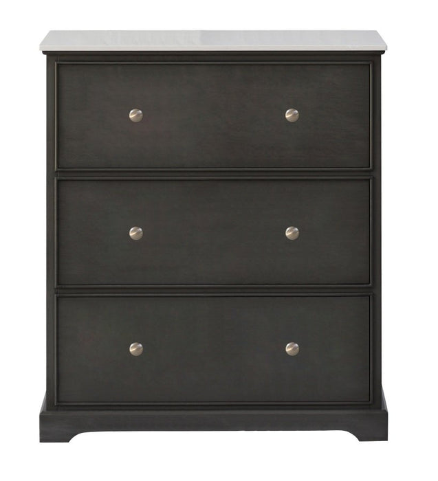 A dark wooden Russell 3 Drawer Unit with Marble Top, featuring silver round knobs and short feet, stands against a plain white background, adding classic elegance to any room.