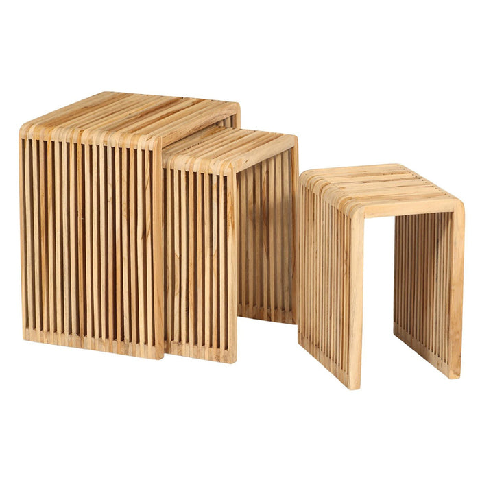 The Bari Nest includes three rectangular tables with rounded corners, made from light reclaimed wood in a slatted design. Each table fits neatly under the next, offering charm and versatility for your living space.